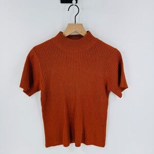 Vintage Rust Ribbed Mock Neck Short Sleeve Top Size PM Fall Layering Granola